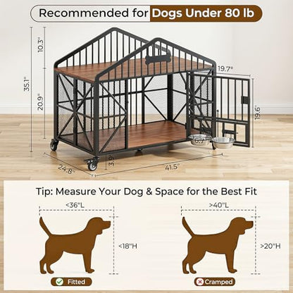 IRONCK 41.5" Foldable Dog Crate Furniture, No Assembly Required Dog Kennel Indoor with 5 Wheels, Wooden Dog Cage with 2 Rotatable Dog Bowls & Name Tag for Small/Medium Dogs, Rustic Brown