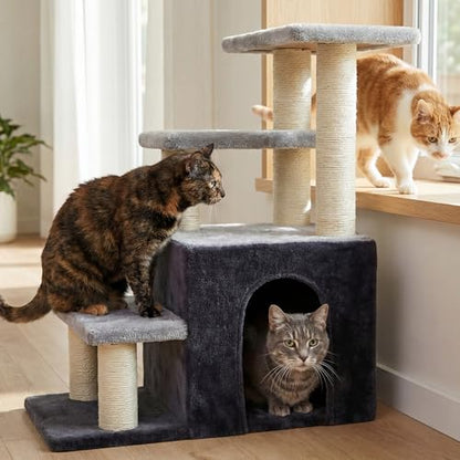 Heybly Cat Scratching Post, Sturdy Pet Stairs & Steps for Indoor Cats and Dogs, Small Cat Tree with Cat Condo, Full Wrapped Sisal Posts & Soft Plush Fabric, Smoky Gray & Light Gray HSP002SGW - color: Smoky Gray