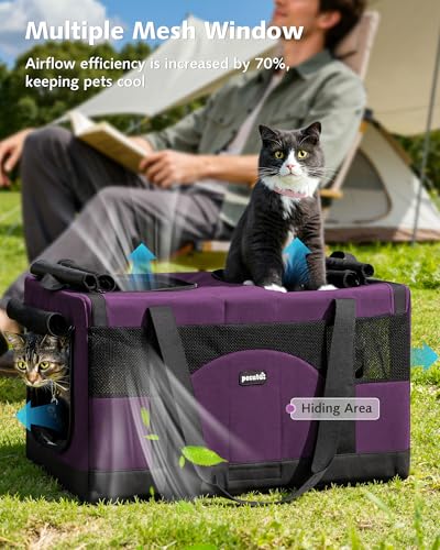 Pecute Dual Compartment Pet Carrier for Multi-Cat Families & Small Dog Owners, Collapsible Dog Crate with Reinforced Steel Frame, Car Safety Design for Travel, Vet Visits & Home Use, Purple - color: Purple
