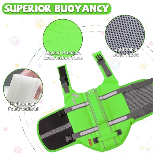 EMUST Dog Life Vests, Adjustable XS Dog Life Jacket with Rescue Handle, Puppy Flotation Vest for Small/Medium/Large Dogs, XS, NewGreen - color: NewGreen, size: XS