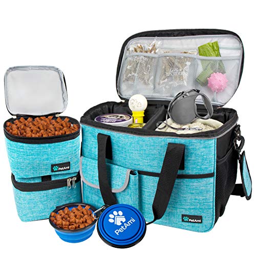 PetAmi Dog Travel Bag Organizer, Pet Travel Kit with 2 Food Containers & 2 Collapsible Dog Bowls, Pet Supplies Tote with Luggage Sleeve, Weekend Road Trip Camping Essentials, Teal Blue, Medium - color: Sea Blue, size: Medium - 14.5"L x 8"W x 12.0"H