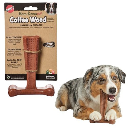 SPOT Bam-Bones Plus Coffee Wood T-Bone Dog Chew Toy, Beef Flavor, Nylon and Coffee Wood Fiber Blend, Durable Chew for Heavy Chewers and Dogs Under 60 lbs, Non-Splintering Dental Chew, 6 Inch - size: 6 Inch (Pack of 1)