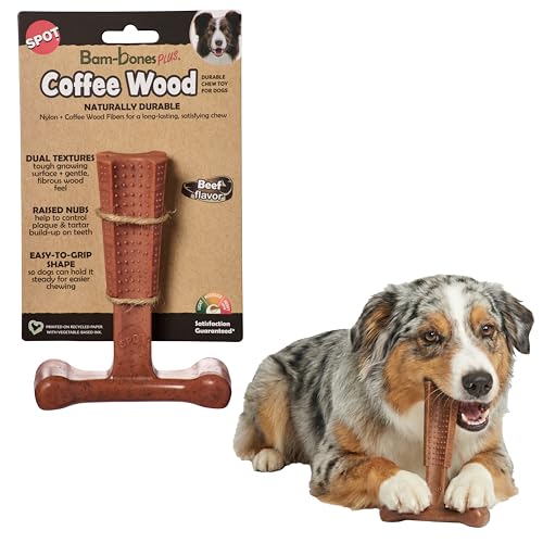 SPOT Bam-Bones Plus Coffee Wood T-Bone Dog Chew Toy, Beef Flavor, Nylon and Coffee Wood Fiber Blend, Durable Chew for Heavy Chewers and Dogs Under 60 lbs, Non-Splintering Dental Chew, 6 Inch - size: 6 Inch (Pack of 1)
