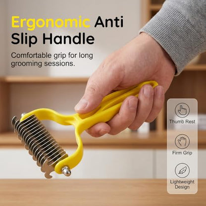 Double Sided Dematting Comb for Cats & Dogs, Undercoat Rake, Safe Deshedding Grooming Tool, Gentle Matt Remover Detangler for Long Thick Haired Pets, Ergonomic Pet Grooming Brush (Lemon) - color: Lemon