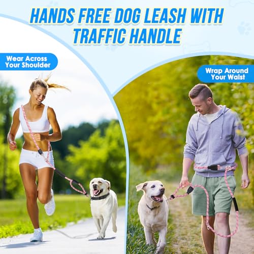 Lukovee Hands Free Dog Leash, 10FT Adjustable Training Lead 1/2 Inch Nylon Heavy Duty Lead No Pull for Large Medium Dogs, Tangle Free Reflective Waist-Leash for Walking Running, (PI, Plus Handle) - color: Pink