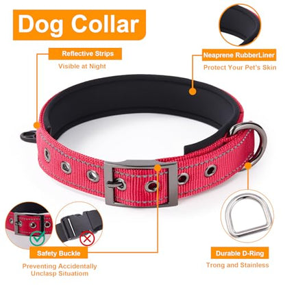 Annchwool No Pull Dog Harness,Heavy Duty Reflective Collar & Leash Set-Leash with Double Handle & Car Seatbelt Clip-Easy Control for Walking Training Medium Large Size Dogs(Red,XL) - color: Red, size: XL