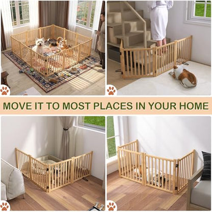 Freestanding Dog Gate Indoor, 23" H Wooden Foldable Dog Gates, No-Painted Portable Puppy Gate for Doorways Stairs- 4 Panels - size: 【4 Panels】H:23''