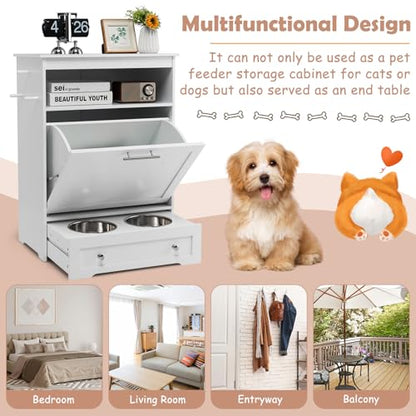Dog Feeding Station, Dog Food Storage Cabinet w/Double Raised Dog Bowls, Pull Out Design, Large Dog Feeder Station Container for Pets Toy, Feeding & Watering Supplies (White) - color: White