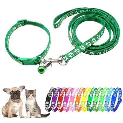 Green Puppy Collar and Leash Set Pawprint Extra Small Dog Collars for Small Dogs Adjustable Kitten Collar with Bells for Tiny Little XXS XS Small Breed Pets Cats Girls Boys - color: Green