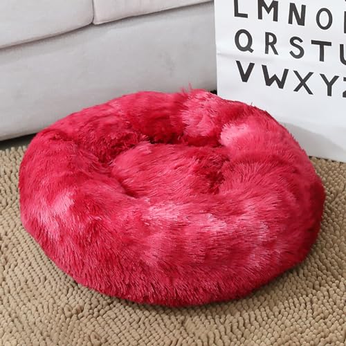Calming Dog Bed for Small Dogs, Calming Donut Cuddler Pet Bed Anti Anxiety Round Dog Bed Fluffy Plush Faux Fur Cat Bed,Wine red,15.7IN - color: Wine Red, size: 15.7IN