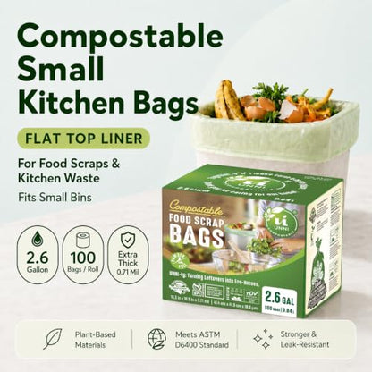 UNNI Compostable Trash Bags, 2.6 Gallon / 9.84 Liter, 200 Count, Extra Thick 0.71 Mil Small Kitchen Food Scrap Bin Liners, Certified by BPI, CMA & OK compost HOME, Meets the ASTM D6400 Standard - size: 200 Count (Pack of 1), style: 2.6 Gallon
