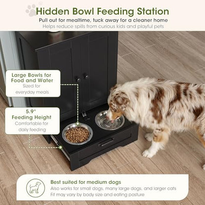 Dog Feeding Station with Storage Cabinet, Black Wood Dog Cabinet with 2 Elevated Stainless Steel Bowls, Hidden Pull-Out Feeder Drawer, Pet Feeding Station for Kitchen and Living Room - color: Black