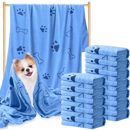 Tatuo 12 Pcs Dog Grooming Towels 28 x 55 Inch Microfiber Drying Pet Bath Towels Dog Absorbent Towel Quick Drying Puppy Bathing Supplies for Small Medium Large Puppy Cat(Blue,Paw, Bone) - color: Blue, Paw