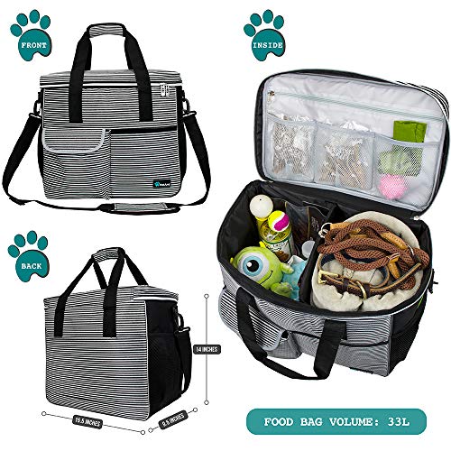 PetAmi Dog Travel Bag Organizer, Pet Travel Kit with 2 Food Containers & 2 Collapsible Dog Bowls, Pet Supplies Tote with Luggage Sleeve, Weekend Road Trip Camping Essentials, Stripe Black, Large - color: Stripe Black, size: Large - 15.5"L x 9.5"W x 14.0"H