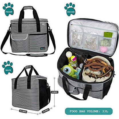PetAmi Dog Travel Bag Organizer, Pet Travel Kit with 2 Food Containers & 2 Collapsible Dog Bowls, Pet Supplies Tote with Luggage Sleeve, Weekend Road Trip Camping Essentials, Stripe Black, Large - color: Stripe Black, size: Large - 15.5"L x 9.5"W x 14.0"H
