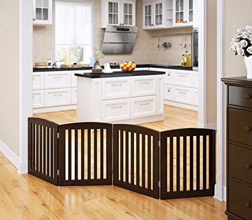 PAWLAND Wooden Freestanding Foldable Pet Gate for Dogs, 24 inch 4 Panels Step Over Fence, Dog Gate for The House, Doorway, Stairs, Extra Wide (Espresso, 24" Height-4 Panels) - color: Espresso, size: 24" Height-4 Panel