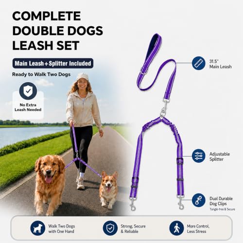 Double Dog Leash for Two Dogs, Complete Set with 31.5" Main Leash + Adjustable Splitter, Padded Handle, D-Ring, 360° Swivel, Shock-Absorbing Bungee, Reflective for Small Medium Large Dogs (Purple) - color: Purple