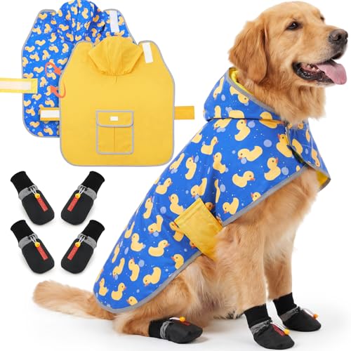 Dog Raincoat and Shoes for Weighing 35-50lbs, Spring Summer Waterproof Dogs Boots & Paw Protectors, Adjustable Pet Poncho with Leash Hole for Large Medium Small Dogs, Yellow(Double Side) - size: 35-50lbs, style: Double Side