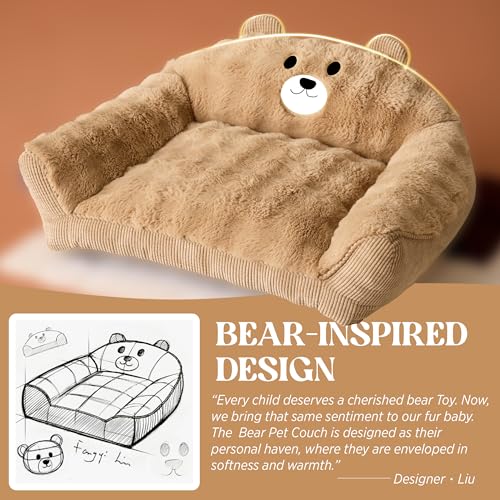 LE SURE Cute Dog Couch Bed, Small Dog Couch with Fluffy Original Bear Design, Cat Couch Bed with Removable Washable Cover, Puppy Bed for Small Pets, 28 inch, Almond