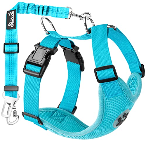 Lukovee Dog Car Harness Seat Belt, Adjustable Mesh Breathable Vest with Elastic Bungee Tether, Soft Padded 2-in-1 Safety Car Harness Seatbelt for Small Medium Large Dogs (Light Blue,XS) - color: Light Blue, size: X-Small