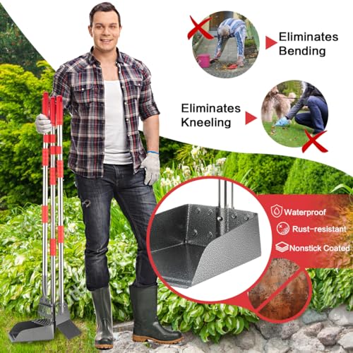 FUSBUNTY Pooper Scooper, Long Handle Dog Pooper Scooper, Heavy Duty Stainless Steel Rake with Tray & Spade Set for Pet Waste Removal, for Grass, Dirt or Gravel - color: Red-Standard