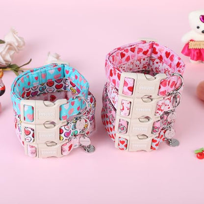 DOGWONG Valentine's Dog Collar - Pink Heart Adjustable Cotton Heart Dog Collar - Perfect for Small to Medium Dogs - color: A: Pink Letter Heart, size: X-Small