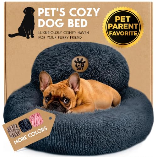 PetJett Small Dog Bed - 23'' Round Dog Beds, Calming Puppy Bed - Washable Dog Bed - Anti-Slip, Super Soft Fluffy Plush Faux Fur Pet Bed, Anti-Anxiety Premium Comfort Donut Bed, Fits Dogs Upto 25 lbs - color: Dark Gray, size: Small - 23”L x 23”W x 8”Th