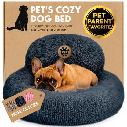 PetJett Small Dog Bed - 23'' Round Dog Beds, Calming Puppy Bed - Washable Dog Bed - Anti-Slip, Super Soft Fluffy Plush Faux Fur Pet Bed, Anti-Anxiety Premium Comfort Donut Bed, Fits Dogs Upto 25 lbs - color: Dark Gray, size: Small - 23”L x 23”W x 8”Th