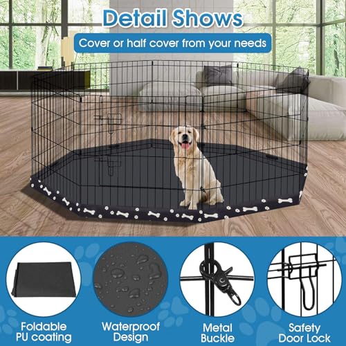 Dog Pen Pet Playpen Dog Fence Indoor Foldable Metal Wire Exercise Puppy Play Yard Pet Enclosure Indoor Outdoor 8 Panels 24 Inch with Bottom Pad (Bottom Cover Fence with Printing) - style: Playpen + printing pad