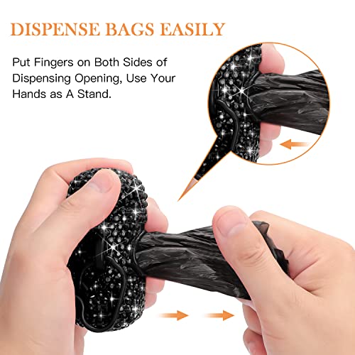 SAVORI Dog Poop Bag Holder Bling Crystal Dog Waste Bags Dispenser for Pet Dog Doggy with Carabiner Clip Includes 1 Roll 15 Bags (Black) - color: Black