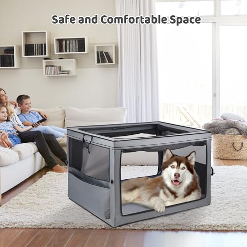 MEGHNA Dog Crate Portable Collapsible Lightweight Soft Sided Folding Travel Dog Kennel Double Door Collapsible 620D Oxford Fabric Cage (Grey, Extra Large) - size: Extra Large