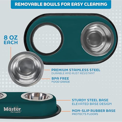 Master Pet Supply Double Dog Bowls Set with Elevated Base and 2 (8 oz) Stainless Steel Removable Dishes (Emerald Sea) – Double Cat Food Water Bowl, Dog Puppy Food Bowl Set, Rust Resistant - color: Emerald Sea