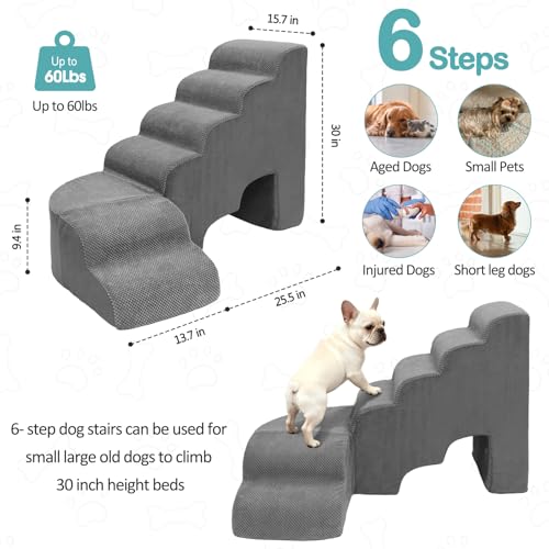 Dog Stairs for High Bed, Dogs Stairs for Small Dog, 6 Tiers Steps for Dogs to Get on Beds, 30 inches L Shape Pet Step Ramps for Old Cats, Injured Pets and Small Puppy
