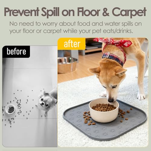 2 Pack Pet Feeding Mats, Waterproof Anti-Slip Placemats for Dog Cat Bowl Silicone Pet Food Mat, Raised Edge Prevent Spills on Floor & Carpet, Dishwasher Safe (2 Gray, 11" x 11") - color: 2 Gray
