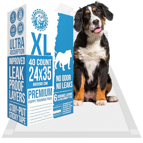 Bulldogology Pee Pads for Dogs XL with Adhesive Sticky Tape (24x35) Dog Puppy Pads Extra Large, Disposable Puppy Pads, Dog Training Wee Pads 6 Layers with Bullsorbent Polymer Tech (40-Count, White) - size: 40-Count (24x35)