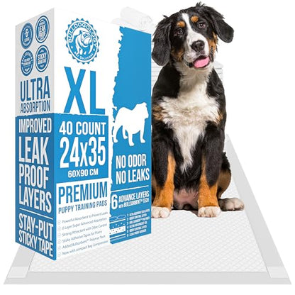 Bulldogology Pee Pads for Dogs XL with Adhesive Sticky Tape (24x35) Dog Puppy Pads Extra Large, Disposable Puppy Pads, Dog Training Wee Pads 6 Layers with Bullsorbent Polymer Tech (40-Count, White) - size: 40-Count (24x35)