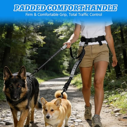 Double Dog Leash-360° Swivel, No Tangle Dog Leash Coupler, No Pull Adjustable Dual Lead with Shock-Absorbing Bungee, Padded Handles, Reflective Walking & Training Lead Splitter for 2 Dogs - color: Black Gray