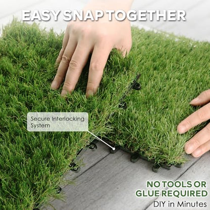 XLX TURF Interlocking Fake Grass Tiles 12 X 12 Inch, Self-draining Artificial Grass Squares for Patio, Balcony, U Shape Buckle System, 6 Pack - color: U Shape Lock Tile-green, size: 12"x12"/6 Piece