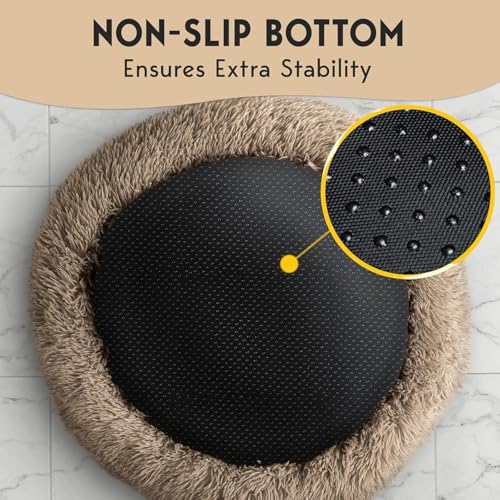 PetJett Calming Medium Dog Bed - 30'' Round Dog Beds - Washable Dog Bed - Anti-Slip Super Soft Fluffy Plush Donut Bed, Anti-Anxiety Premium Comfort Pet Bed, Fits Dogs up to 45 lbs - Beige - color: Beige, size: Medium - 30”L x 30”W x 8”Th