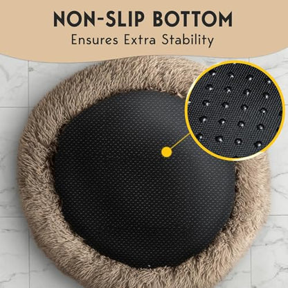 PetJett Large Dog Bed - 36'' Calming Donut Dog Beds, Anti-Slip & Washable Large Round Bed, Fluffy Faux Fur Pet Bed, Super Soft Anti-Anxiety Premium Comfort Bed, Fits Dogs up to 80 lbs - Beige - color: Beige, size: Large - 36”L x 36”W x 8”Th