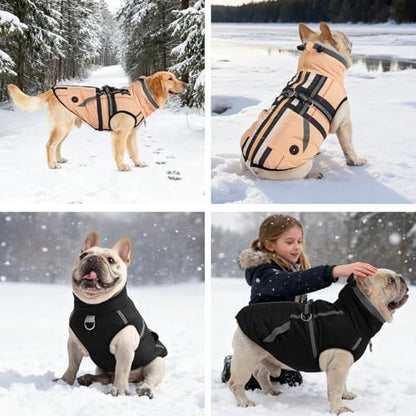 Mihachi Dog Snow Jacket Waterproof Dog Coat with Harness Built in,Thick Fleece Lined & Pockets,Turtleneck Warm Winter Jacket for Small Dogs Reflective Fleece Vest with Zipper,Snowsuit Outfit, Beige S - color: Beige, size: Small