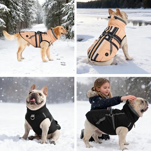 Mihachi Dog Snow Jacket Waterproof Dog Coat with Harness Built in,Thick Fleece Lined & Pockets,Turtleneck Warm Winter Jacket for Large Dogs Reflective Fleece Vest with Zipper,Snowsuit Outfit,Beige L - color: Beige, size: Large