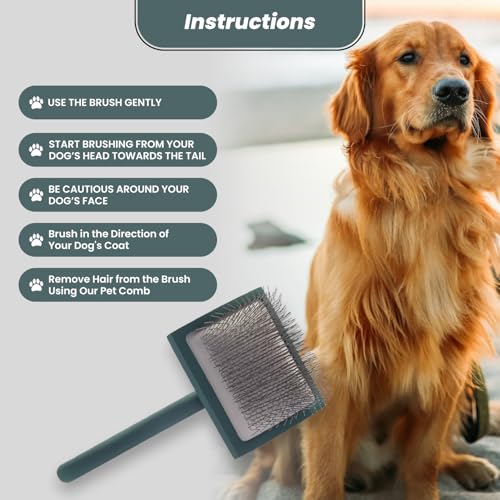 Self- Cleaning Slicker Brush for Dogs Suitable for Short & Long Haired Dogs and Effective Deshedding for Pet Grooming, Undercoat Removal, Tangle-Free Fur (Green Brush + Comb) - size: Large