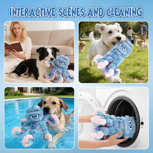 Tough Octopus Dog Toy, Interactive Squeaky & Crinkle Tug of War Toy for Aggressive Chewers, Large Durable Plush Chew Toys to Keep Dogs Busy- Crinkle Octopus, Large (Blue) - color: Blue
