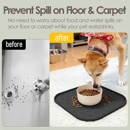 2 Pack Pet Feeding Mats, Waterproof Anti-Slip Placemats for Dog Cat Bowl Silicone Pet Food Mat, Raised Edge Prevent Spills on Floor & Carpet, Dishwasher Safe (2 Black, 11" x 11") - color: 2 Black