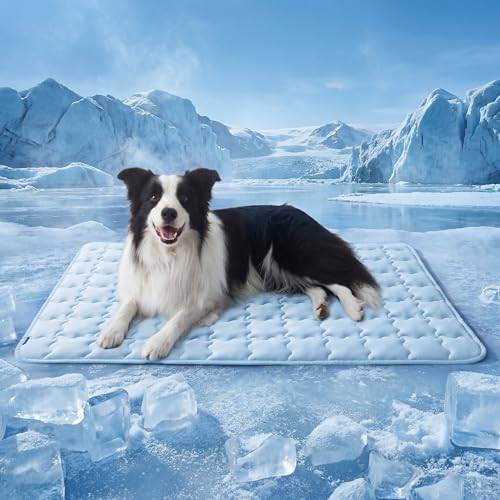 Bedsure Cooling Dog Mat Extra Large, Q-Max>0.5 XL Thin Breathable Cold Crate Pad for Pet, Portable Washable Kennel Bed for Summer Active Dog with Chill Soothing Fabric to Rapid Cooling, 41x28, Blue - color: Baby Blue, size: 41" x 28" (XL-Crate)