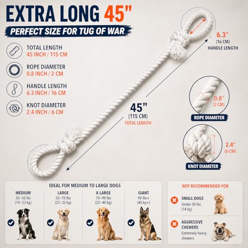 Cotton Dog Rope Toy with Dual Handles 45" Extra Long Tug Toy for Medium to Large Dogs, Durable Interactive Tug-of-War, Teeth Cleaning, Indoor Outdoor Play, White - style: Interactive Play