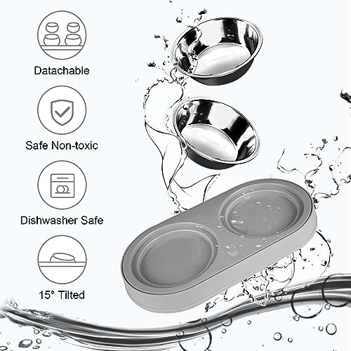 Elevated Raise Tilted Cat Food Bowls,with Stand Stainless Steel, Anti Vomiting, Double Cat Food and Water Bowl Set (Grayblue) - color: Grayblue
