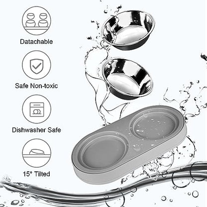 Elevated Raise Tilted Cat Food Bowls,with Stand Stainless Steel, Anti Vomiting, Double Cat Food and Water Bowl Set (Grayblue) - color: Grayblue