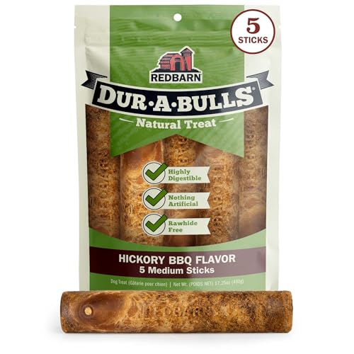 Redbarn Natural Dur-A-Bulls Treats for Dogs - 5 Medium Sticks - Hickory Flavor - Made in USA Long Lasting 100% Digestible No Artificial Ingredients or Plastic - size: 5 Count (Pack of 1), style: Medium Sticks